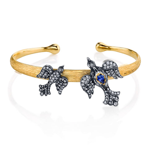 18K Gold & Oxidized Sterling Silver, Blue Sapphire, Diamonds "Mother And Child" Cuff Bracelet