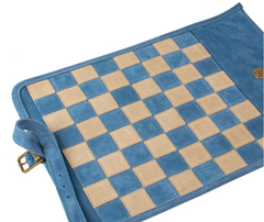 Manopoulos | Premium Handcrafted Denim Blue Suede Roll-Up Chess Set with Metal Chessmen