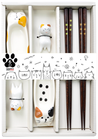 Cat Design 6 Piece Chopsticks Sauce Dish and Rest Gift Set