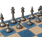 Manopoulos | Premium Handcrafted Denim Blue Suede Roll-Up Chess Set with Metal Chessmen