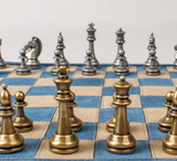 Manopoulos | Premium Handcrafted Denim Blue Suede Roll-Up Chess Set with Metal Chessmen