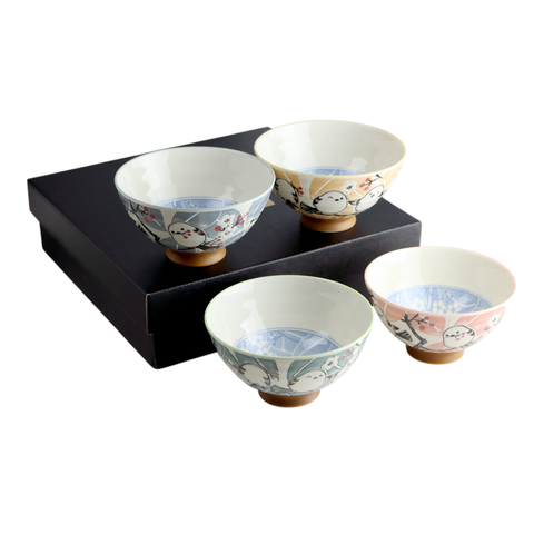 4 Piece Rice Bowl Set Japanese Bird Design Assorted Color