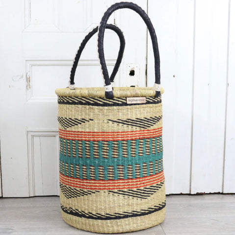 Big Blue Moma | Tall Laundry Basket - Natural with Turquoise & Black