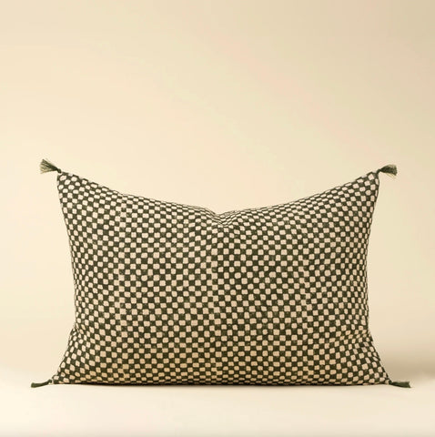Indaba | 16x24 Block Print Check Linen Pillow, Green