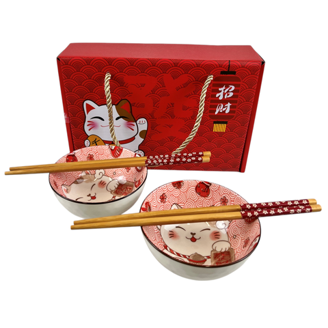 Maneki Neko Lucky Cat Double Rice Set of 10oz 4.5"D Bowl With Chopsticks