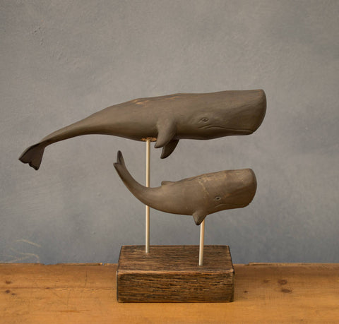Aviologie | Hand Carved Wooden Sperm Whale Set — Adult & Baby on Stand