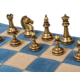 Manopoulos | Premium Handcrafted Denim Blue Suede Roll-Up Chess Set with Metal Chessmen