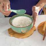 Japanese Crane Bowl w/ Chopsticks, Spoon, Lid and Trivet Set