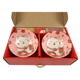 Maneki Neko Lucky Cat Double Rice Set of 10oz 4.5"D Bowl With Chopsticks