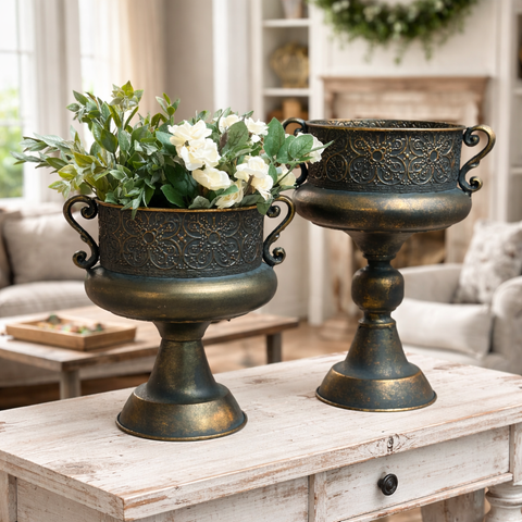 Vagabond Vintage | Vintage Ornate Metal Urns