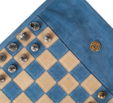 Manopoulos | Premium Handcrafted Denim Blue Suede Roll-Up Chess Set with Metal Chessmen