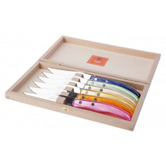 Claude Dozorme | Wood box of 6 Berlingot knives mixed color resin handle