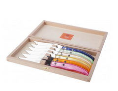 Claude Dozorme | Wood box of 6 Berlingot knives mixed color resin handle