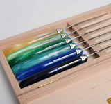 Claude Dozorme | Wood box of 6 Berlingot knives mixed color resin handle