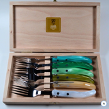 Claude Dozorme | Wood box of 6 Berlingot Forks mixed color resin handle