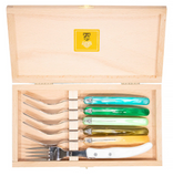 Claude Dozorme | Wood box of 6 Berlingot Forks mixed color resin handle