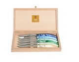 Claude Dozorme | Wood box of 6 Berlingot knives mixed color resin handle