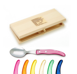 Claude Dozorme | Wood box of 6 Berlingot Soup Spoons mixed color resin handle