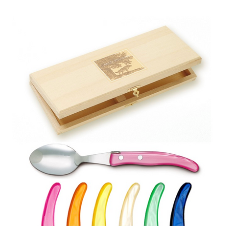 Claude Dozorme | Wood box of 6 Berlingot Soup Spoons mixed color resin handle