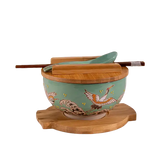 Japanese Crane Bowl w/ Chopsticks, Spoon, Lid and Trivet Set