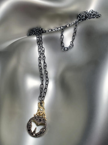 14K Gold & Oxidized Sterling Silver, Black Diamond Butterfly Necklace