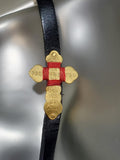 22K Gold Hand Carved Georgian Cross With Red String On Leather Bracelet