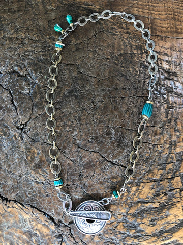 Sterling Silver & Bronze, Malachite & African Trading Bead Necklace