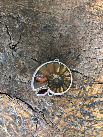 Tabra | Sterling Silver Ammonite & Garnet, One Of A Kind Pendant Clasp