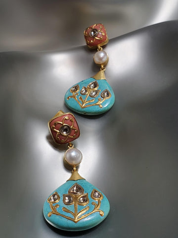 18K Gold, Diamonds, Coral, Turquoise, Pearl Earrings
