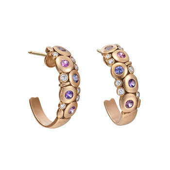 18K Rose Gold "Candy" Half Hoop Earrings with Diamonds & Sapphires