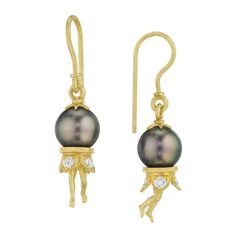 18K Gold Tahitian Pearl & Diamond Bosch Earrings