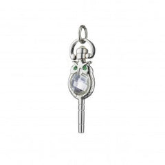 Sterling Silver Mini Owl Pocketwatch Key Charm with Rock Crystal Belly & Tsavorite Eyes
