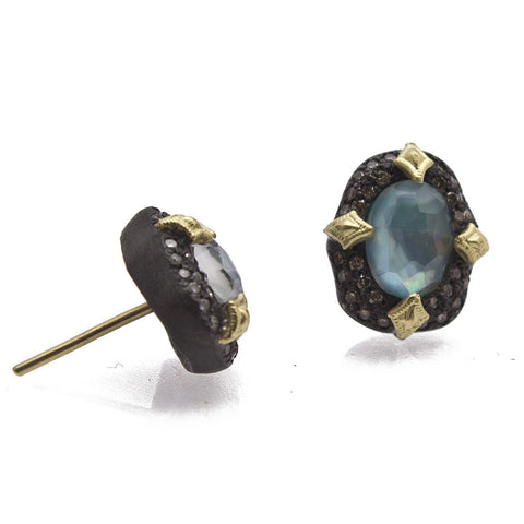 Armenta | 18K Gold & Oxidized Sterling Silver Peruvian Opal Doublet & Champagne Diamond Stud Earrings