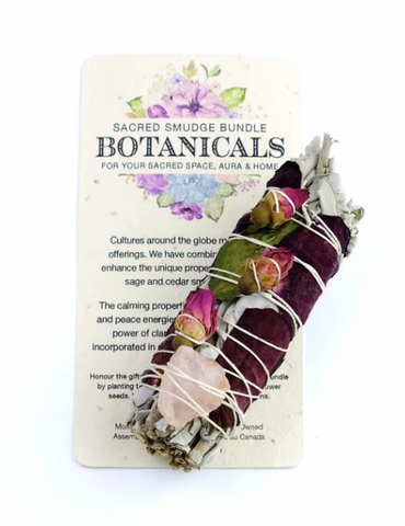 Monague | Botanical Small Sage Smudge Bundle -Rose Quartz Crystal and Rose Petals