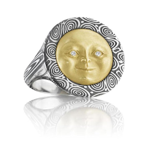 18K Gold & Damascus Steel Diamond Moonface Ring